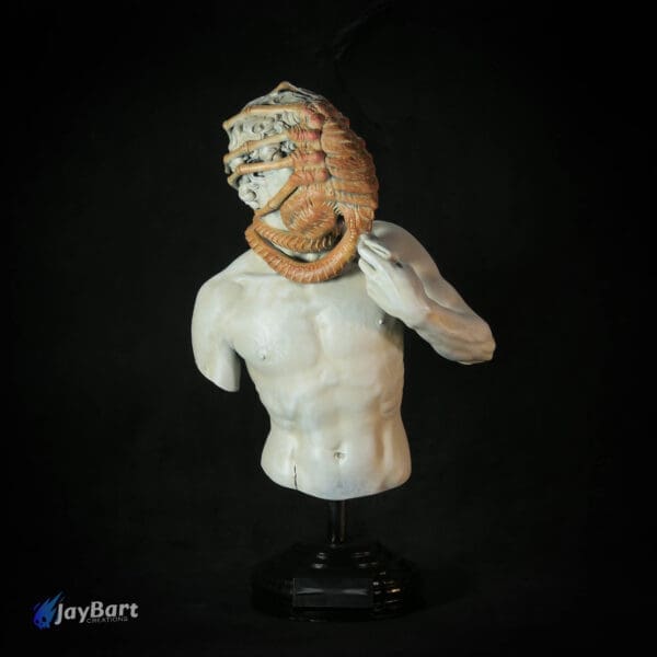 Surreal bust with alien facehugger sculpture