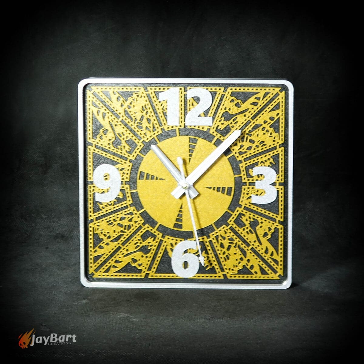 Square clock with intricate yellow design