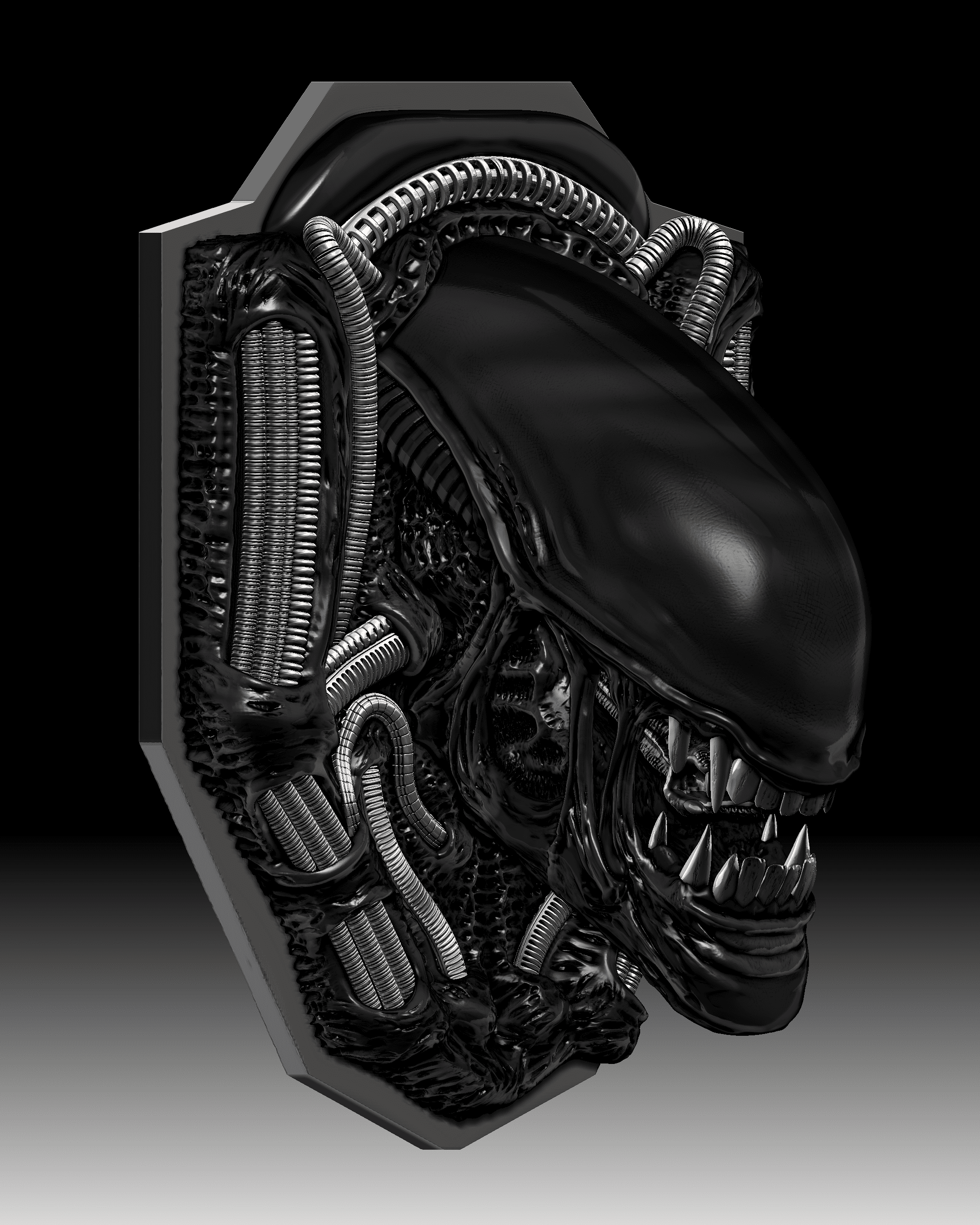 Alien head sculpture with cables and teeth