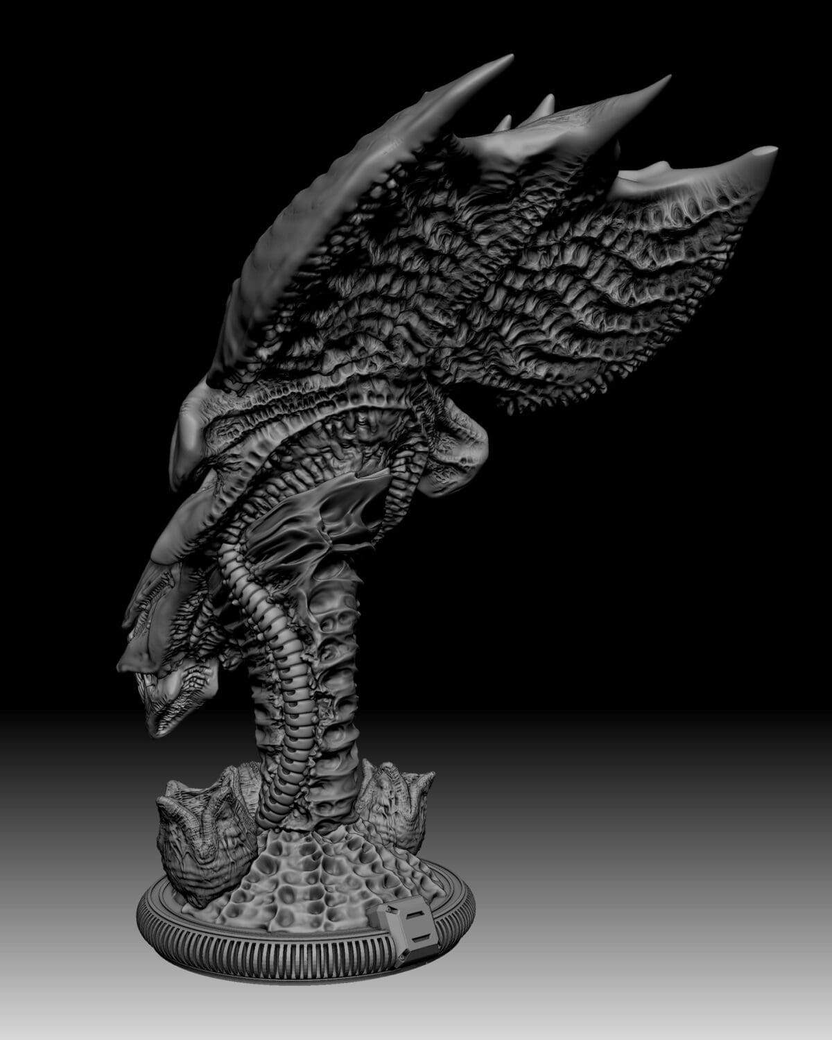 Intricate alien sculpture with detailed textures on base