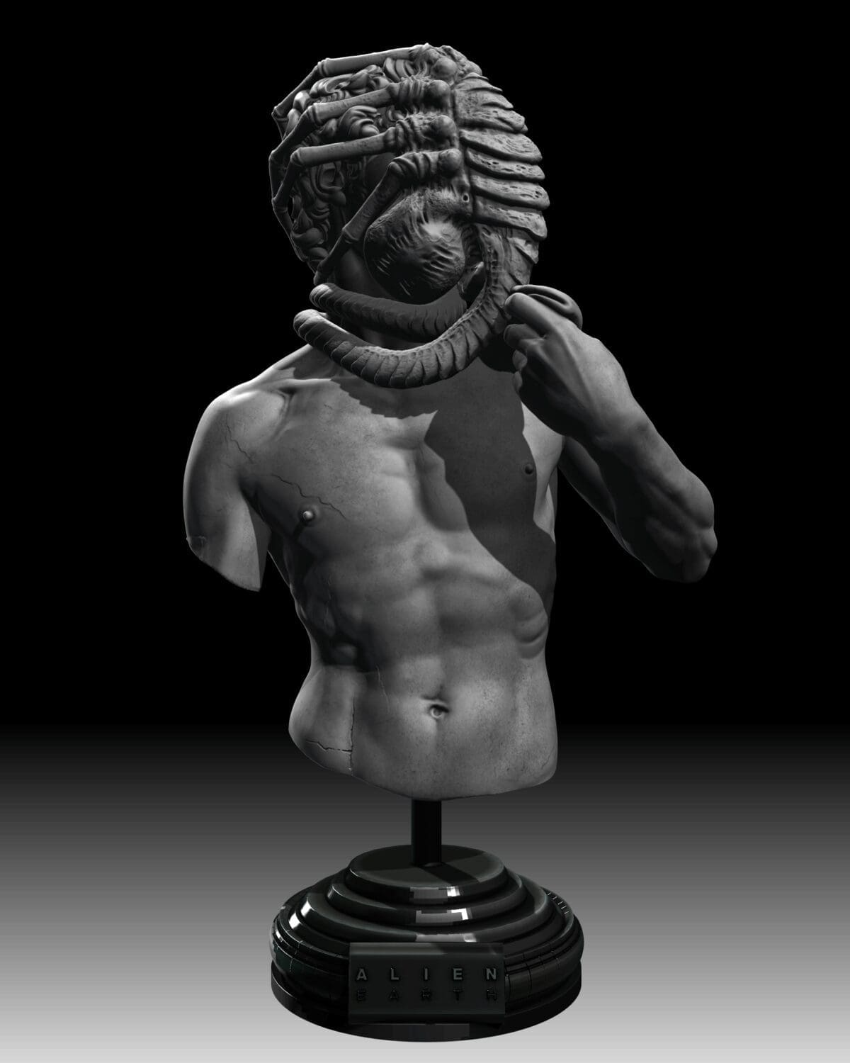 Alien facehugger sculpture on muscular torso.