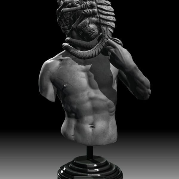 Alien facehugger sculpture on muscular torso.