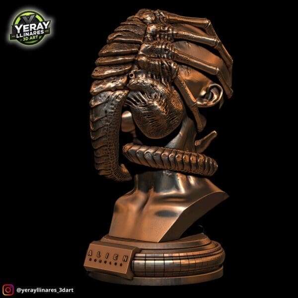 3D sculpture of alien creature on a head