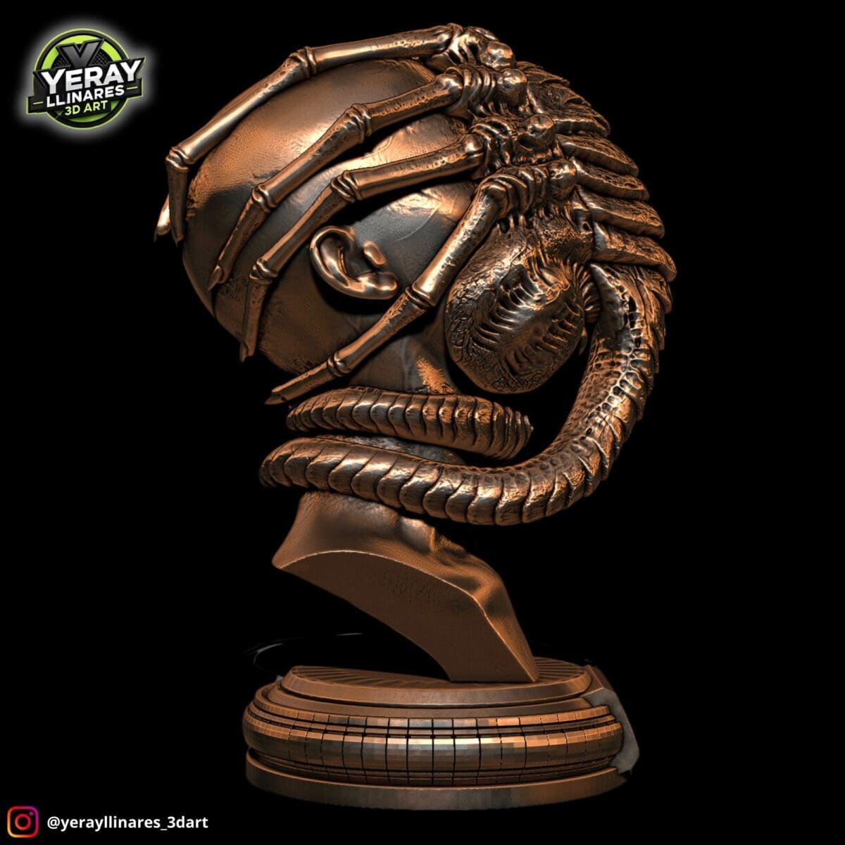 Bronze alien sculpture with intricate details on black background.