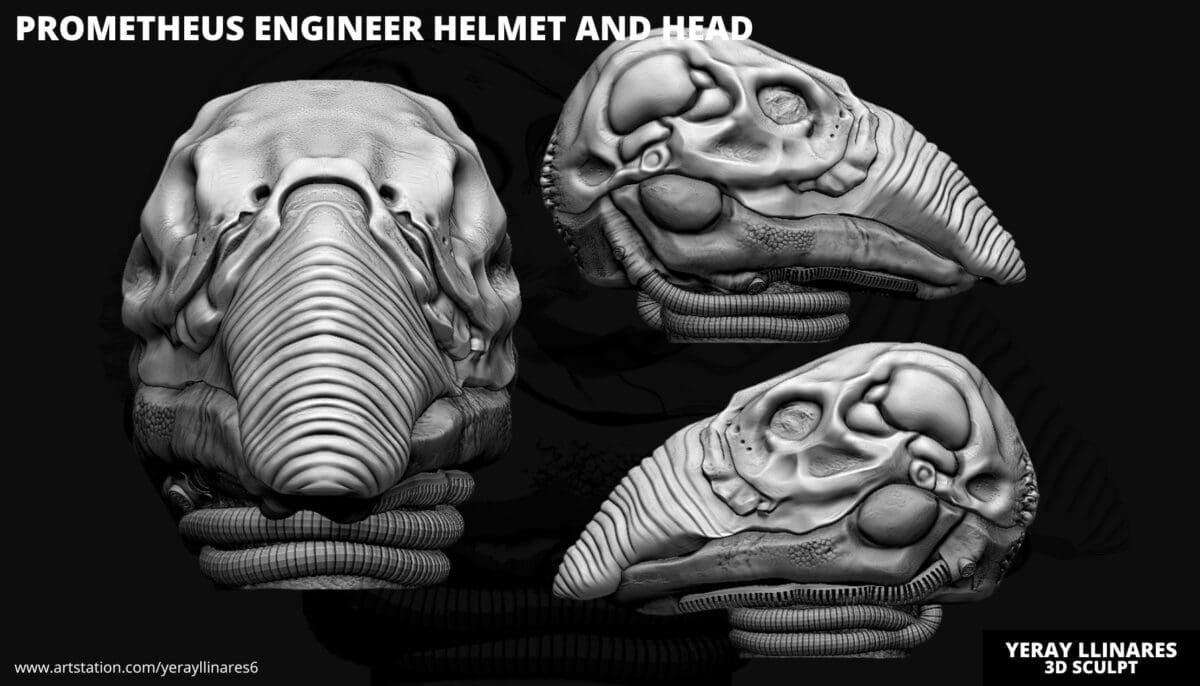 3D sculpt of Prometheus engineer helmet and head.