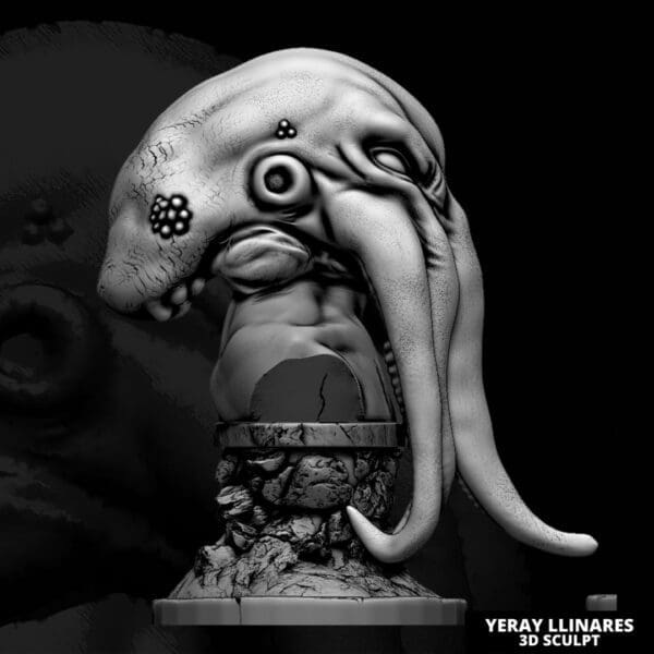 Intricate alien bust sculpture with tentacles.