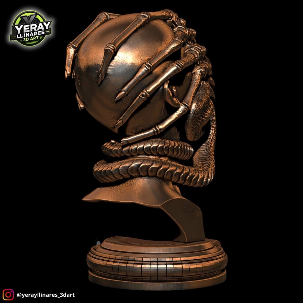 Bronze alien sculpture with intricate details and textures.