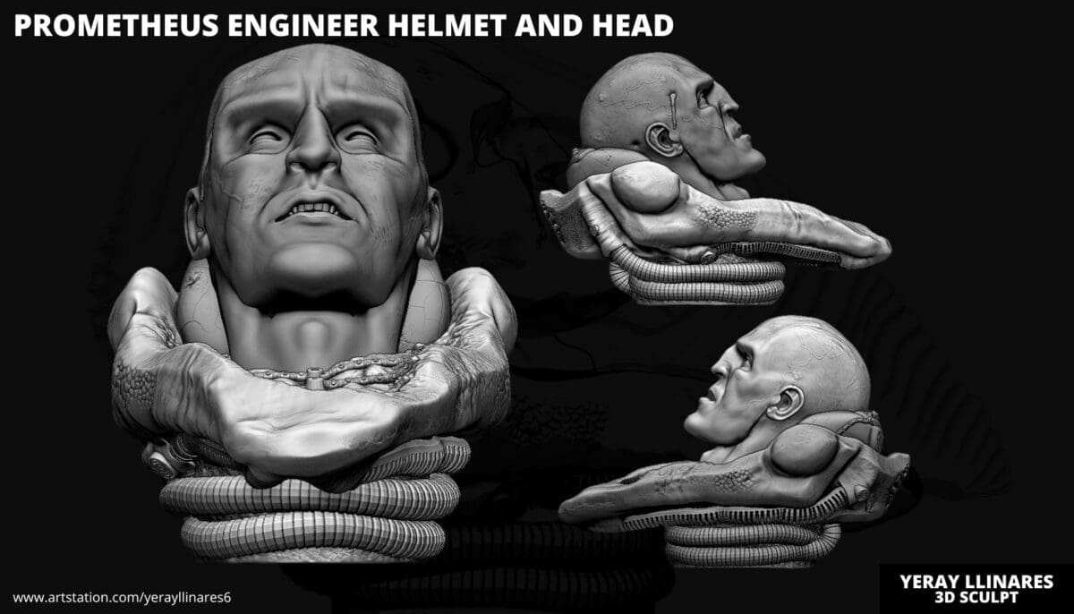 3D sculpt of Prometheus engineer helmet and head.