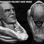 3D sculpture of Prometheus engineer helmet and head.