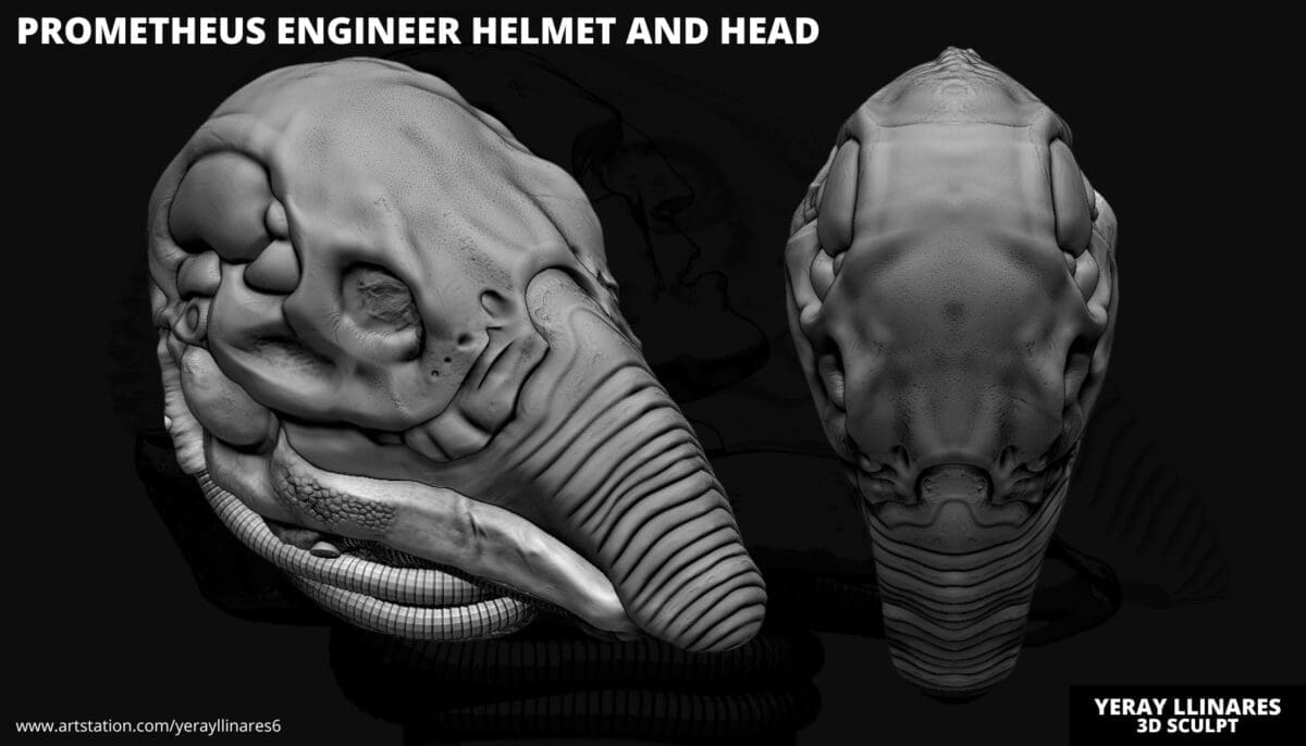 3D model of alien helmet and head sculpture.