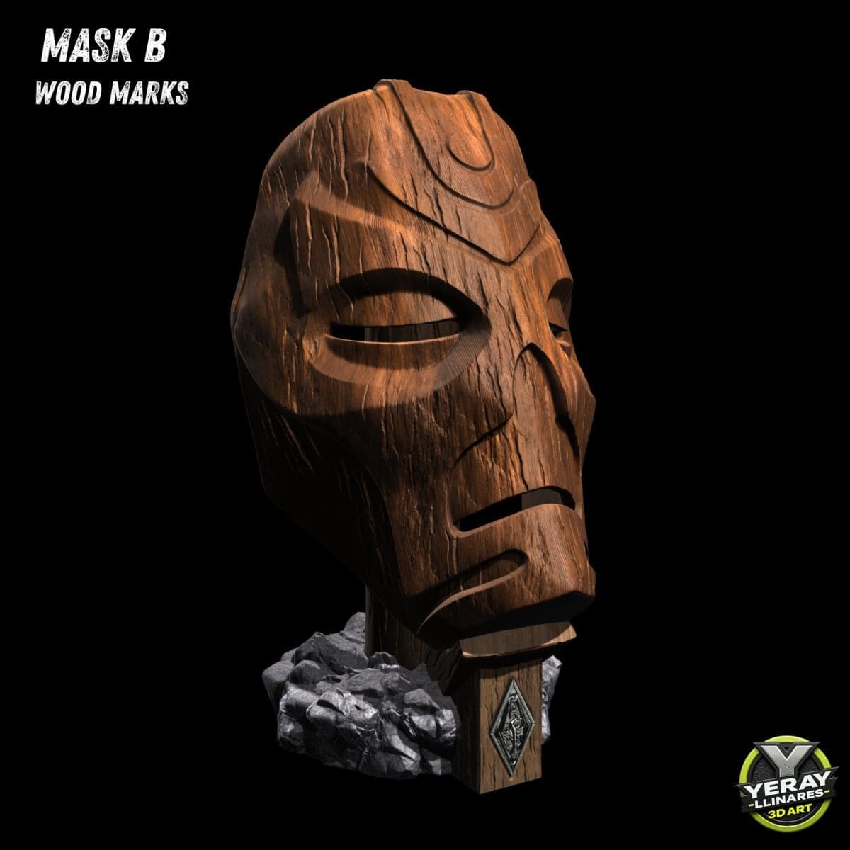 Wooden mask sculpture on rocky base