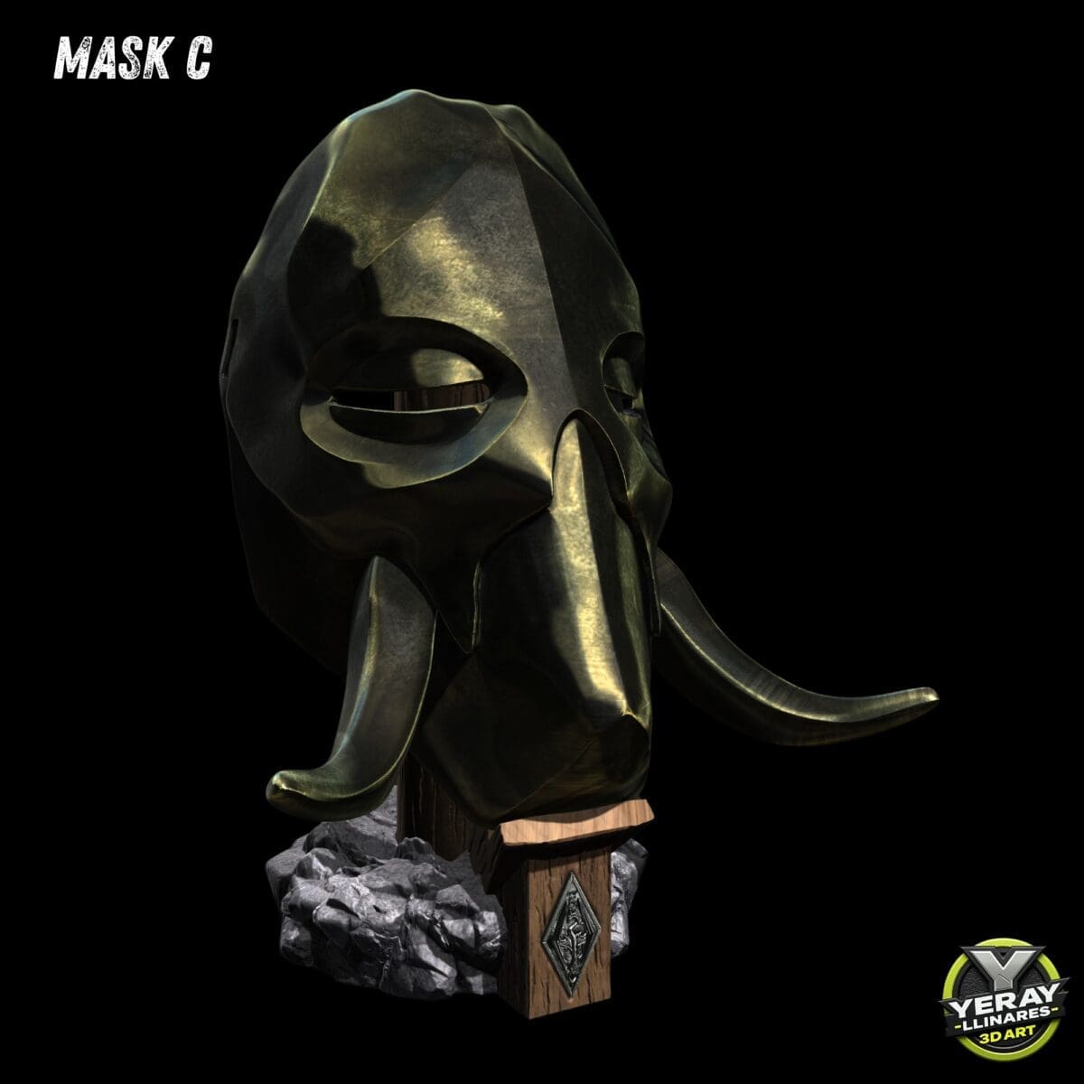 3D rendering of a metallic elephant mask
