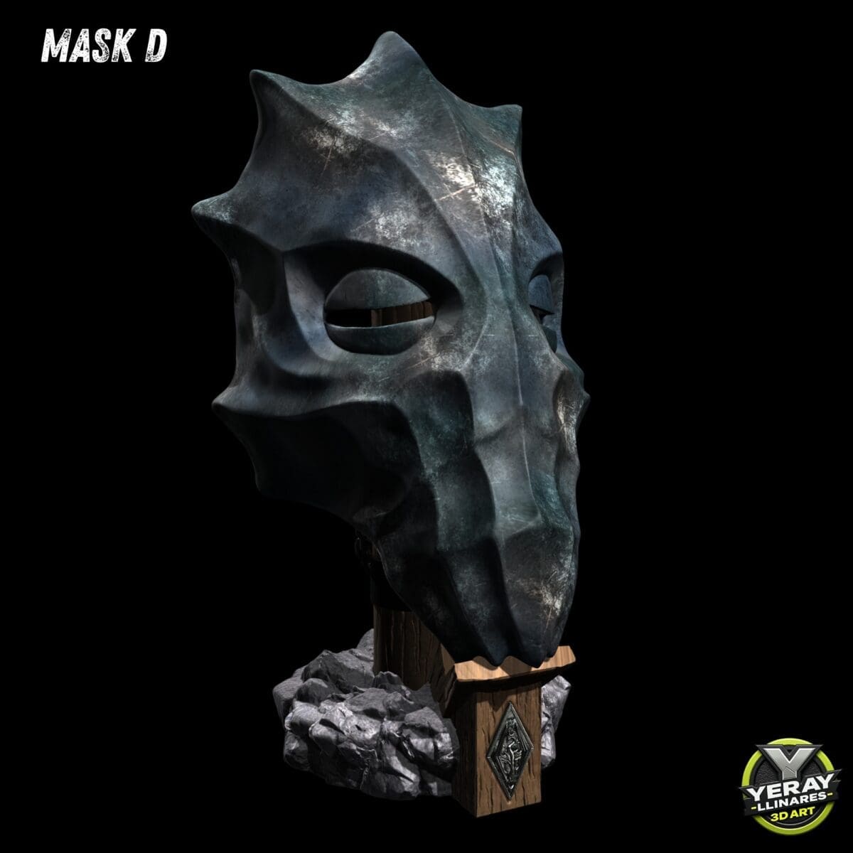 Intricate 3D stone mask on pedestal.