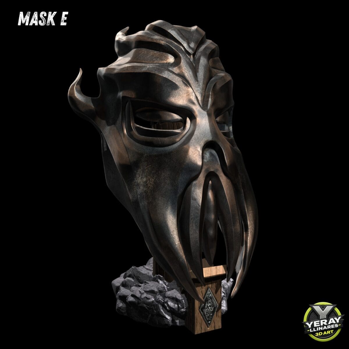Bronze, intricate, fantasy mask on black background.