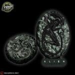 3D art of alien fossils on rock surface.