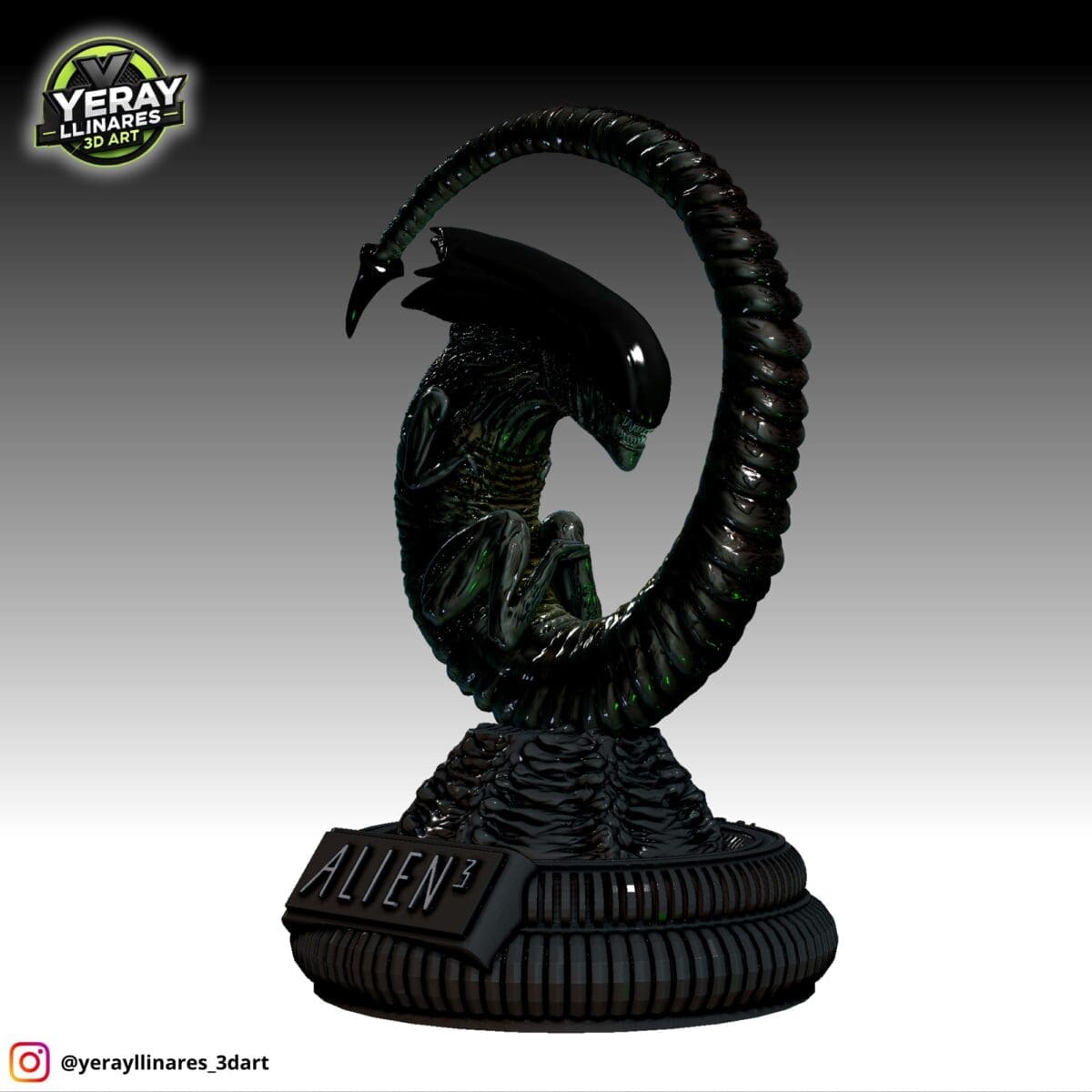 Alien 3 sculpture with coiled tail on base.