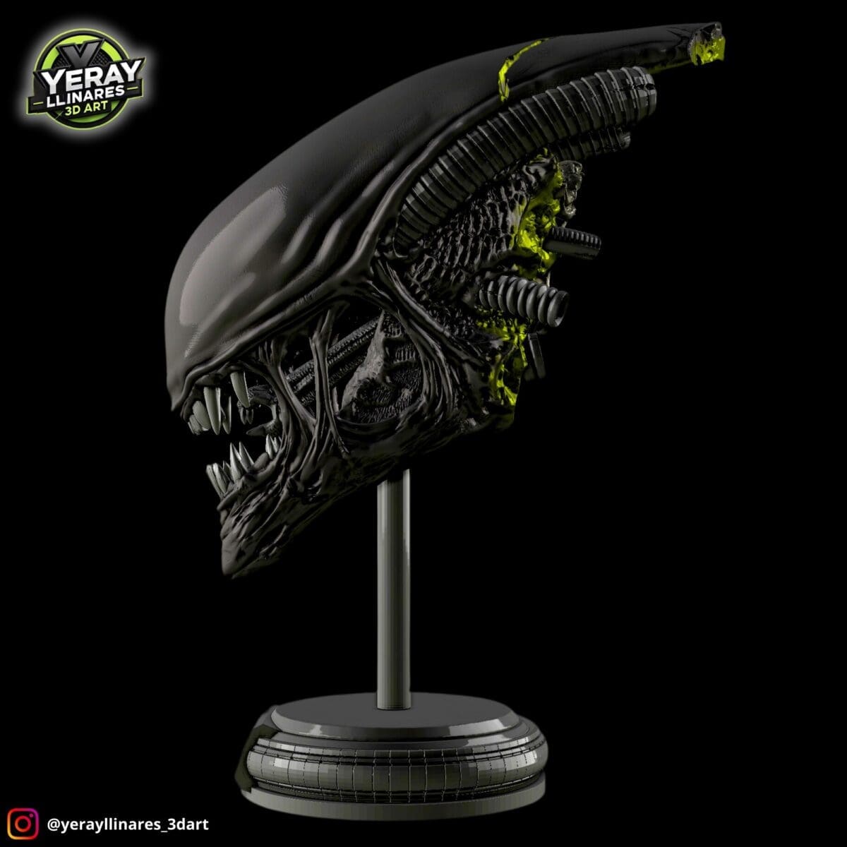 Intricate alien head sculpture with green accents