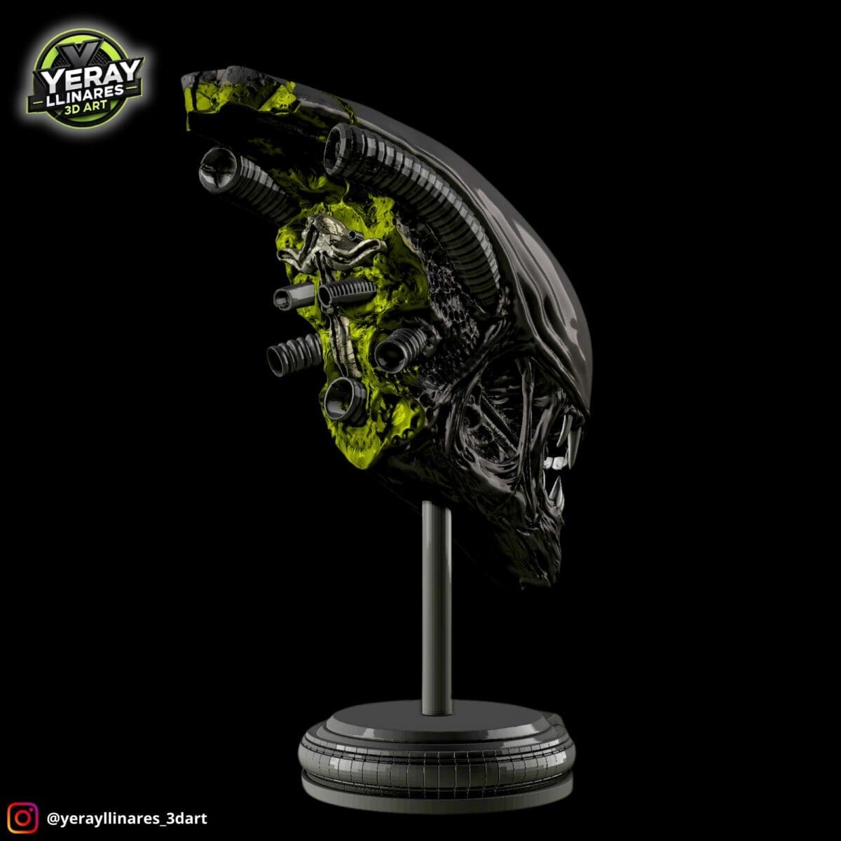 Futuristic abstract 3D art sculpture on stand.