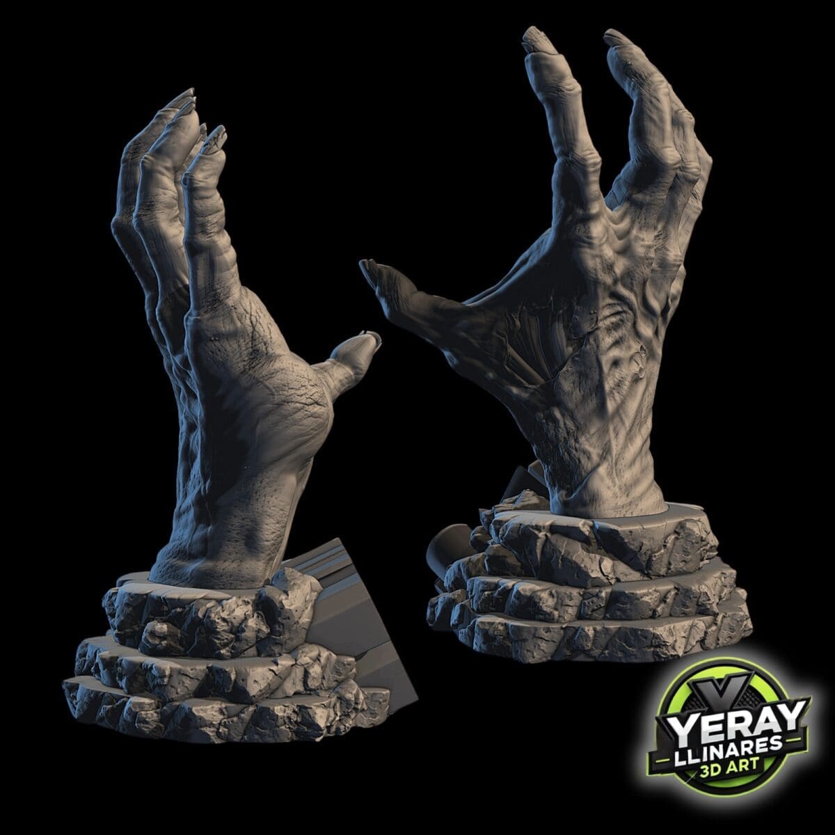 3D model of stone hands rising from ground.