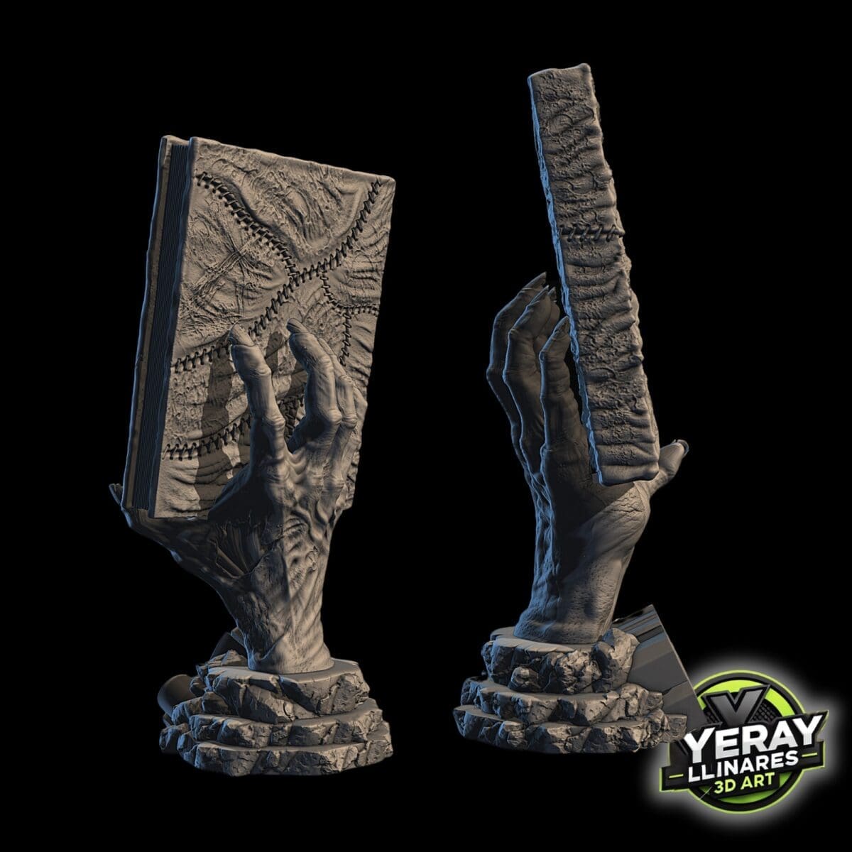 Sculpted hand holding textured book in 3D art.