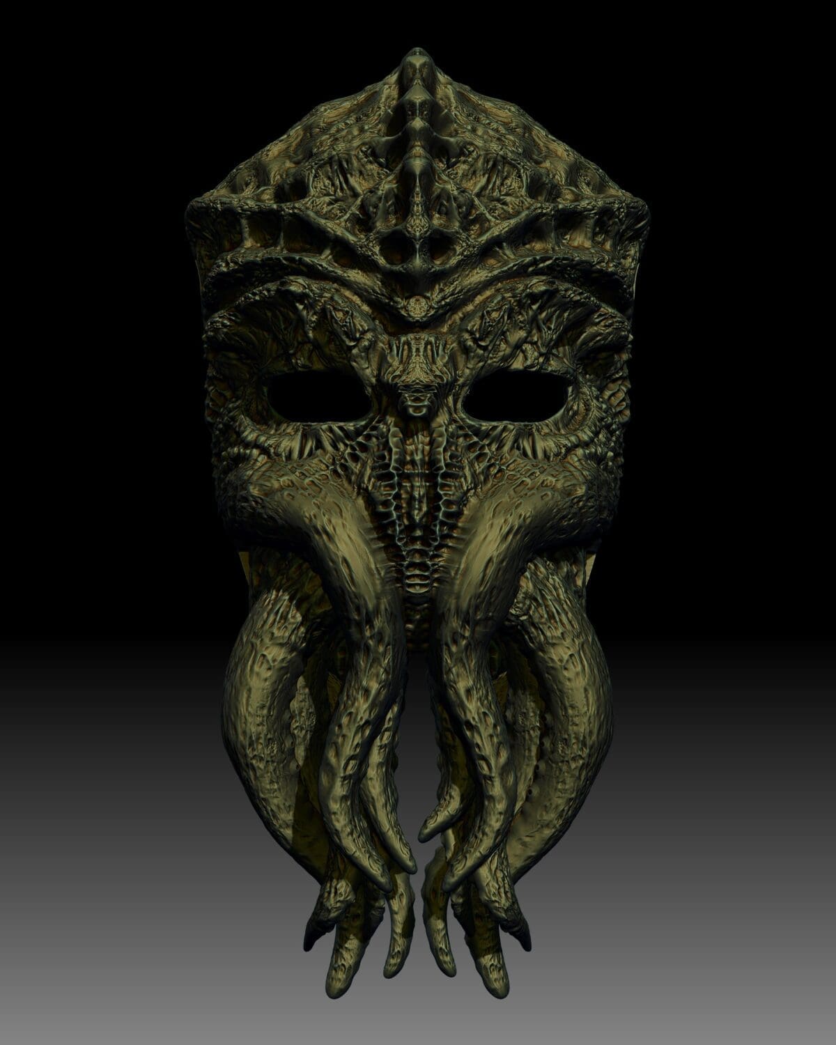 Detailed green Cthulhu-themed mask on dark background.