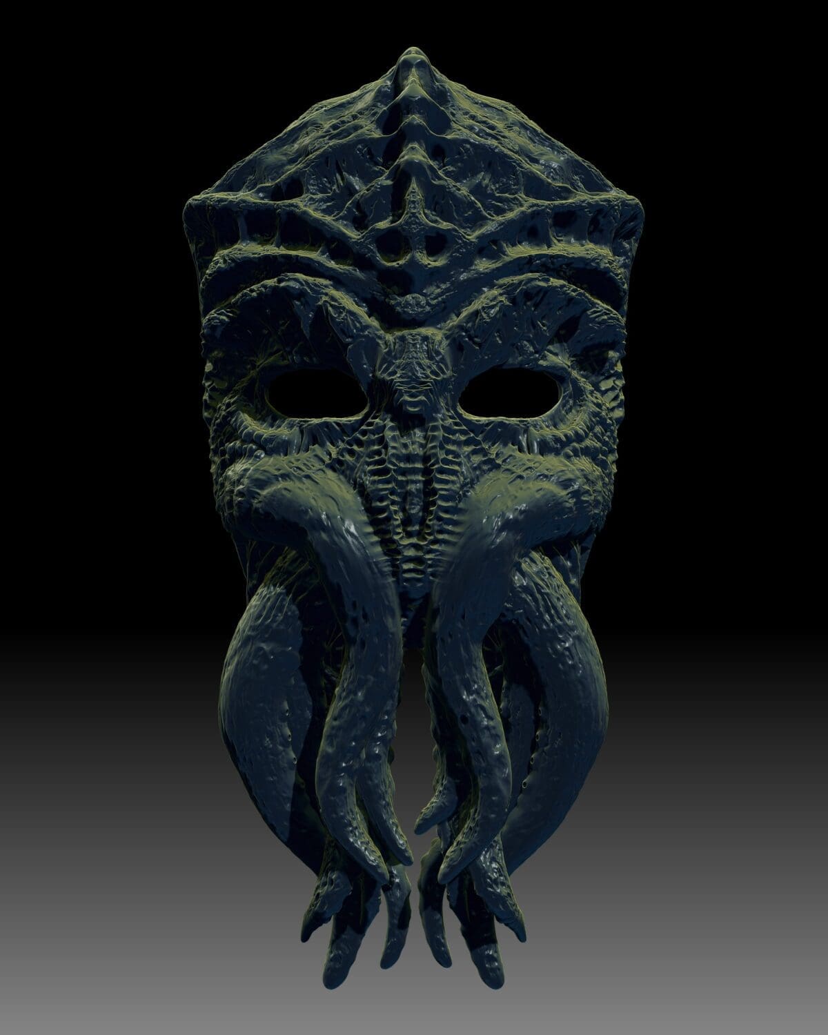Intricate tentacled mask with dark, textured surface.
