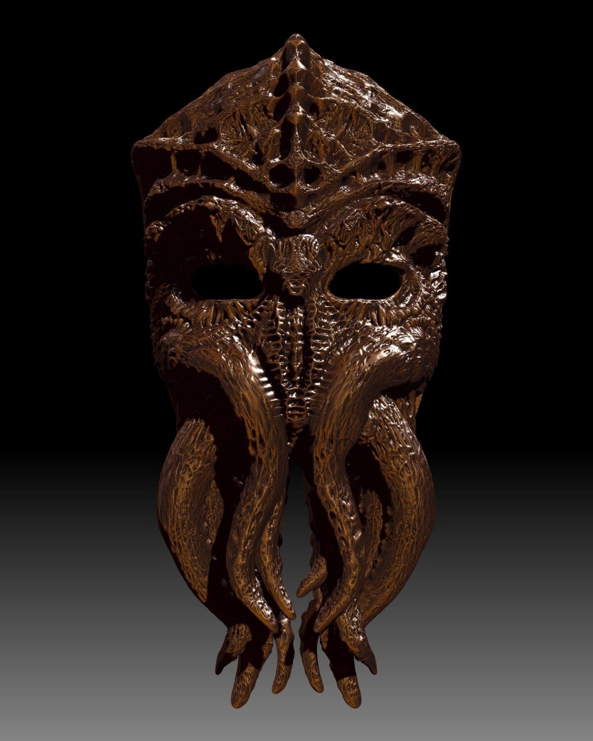 Ornate brown tentacle mask on black background.