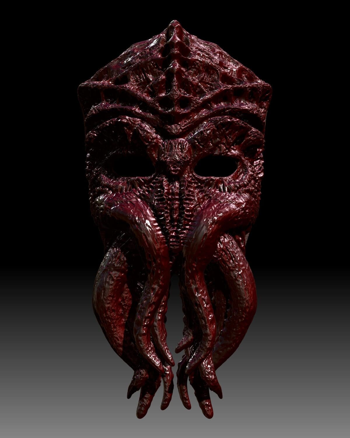 Detailed dark red octopus-themed mask with tentacles