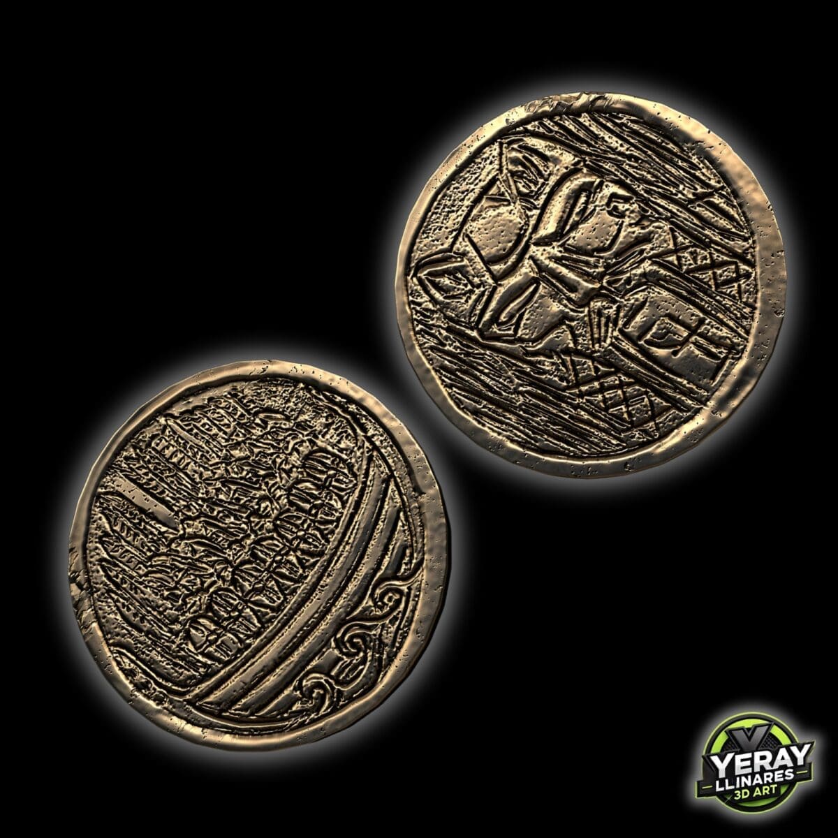Ancient gold coins with engraved designs.
