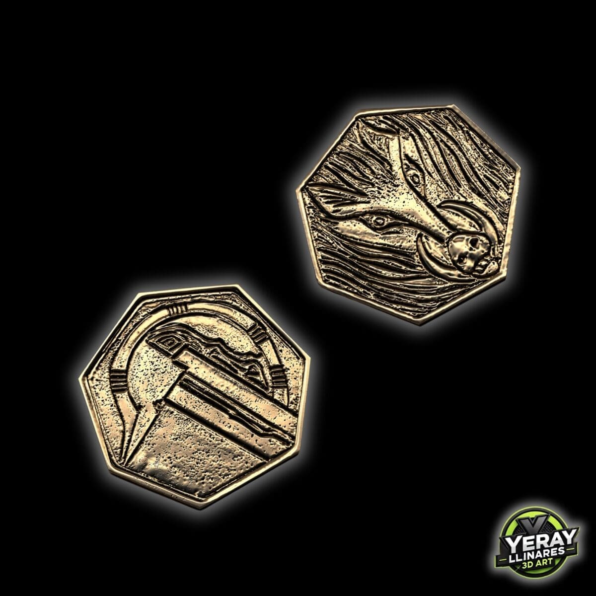 Two hexagonal coins with embossed designs