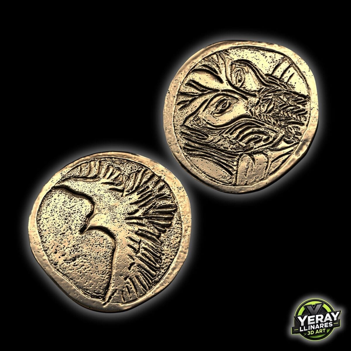 Engraved animal figures on gold coins.