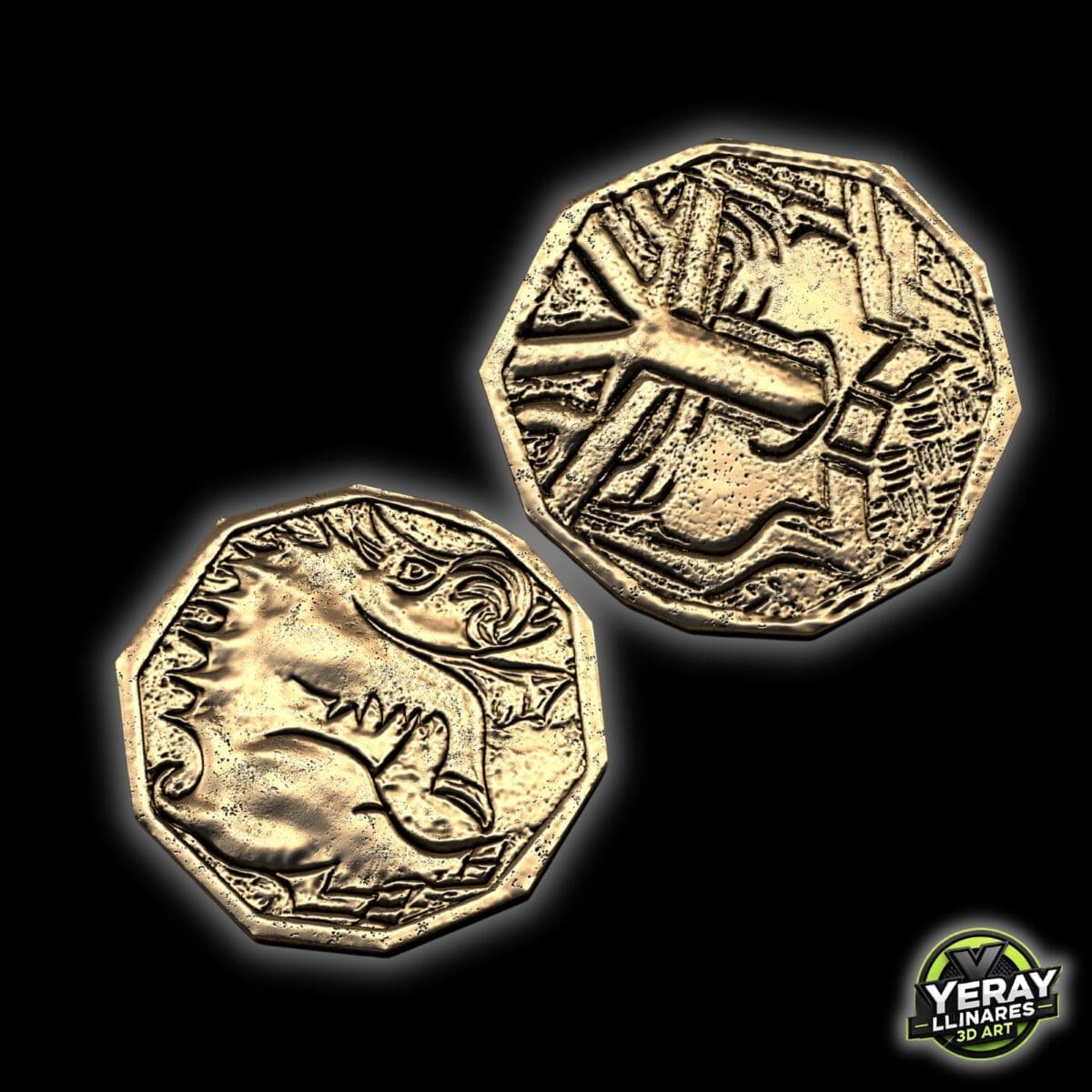 3D-rendered fantasy coins with dinosaur engraving.