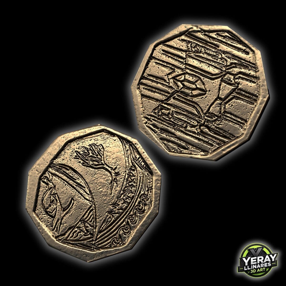 Two engraved octagonal coins on black background.