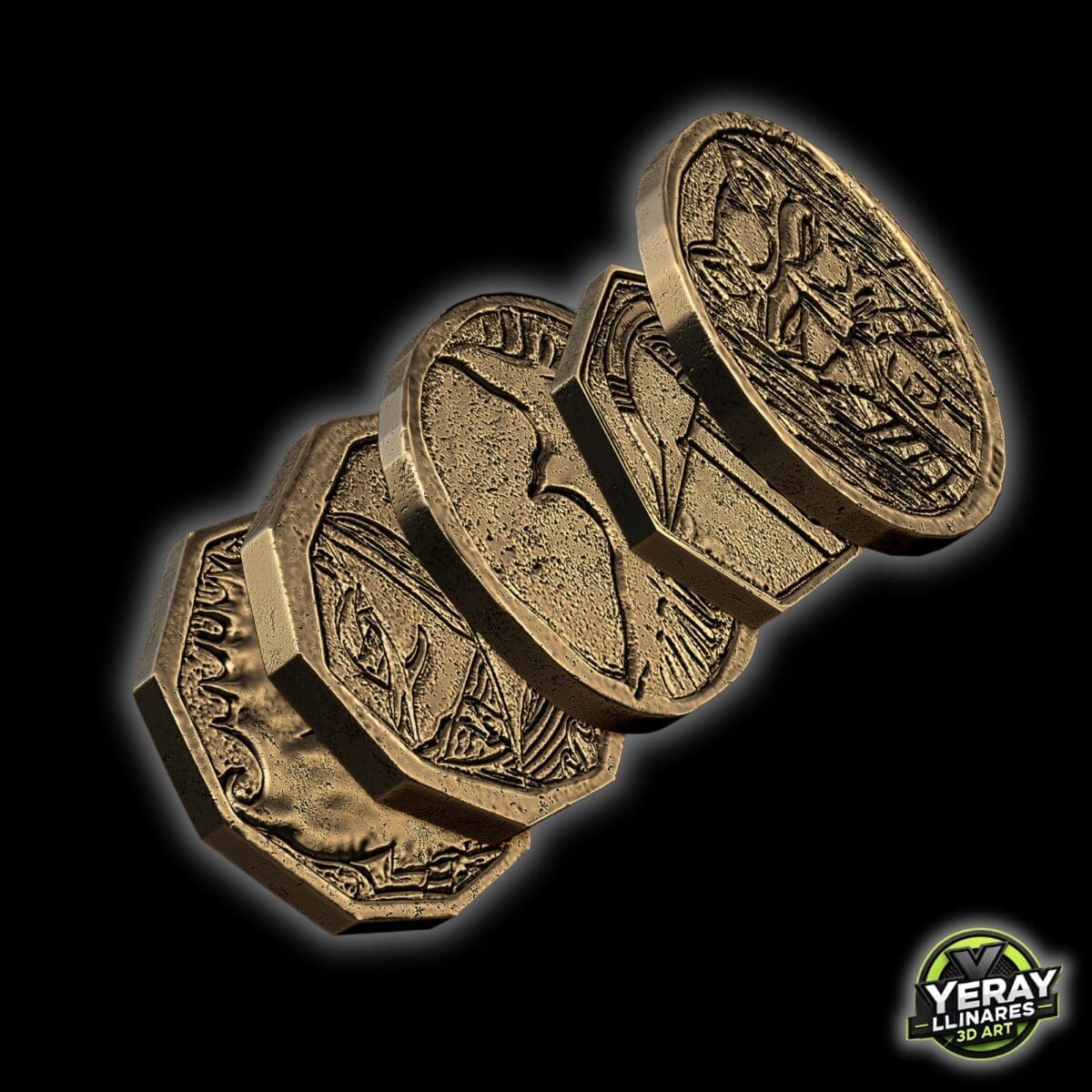 3D-rendered stacked coins with intricate designs