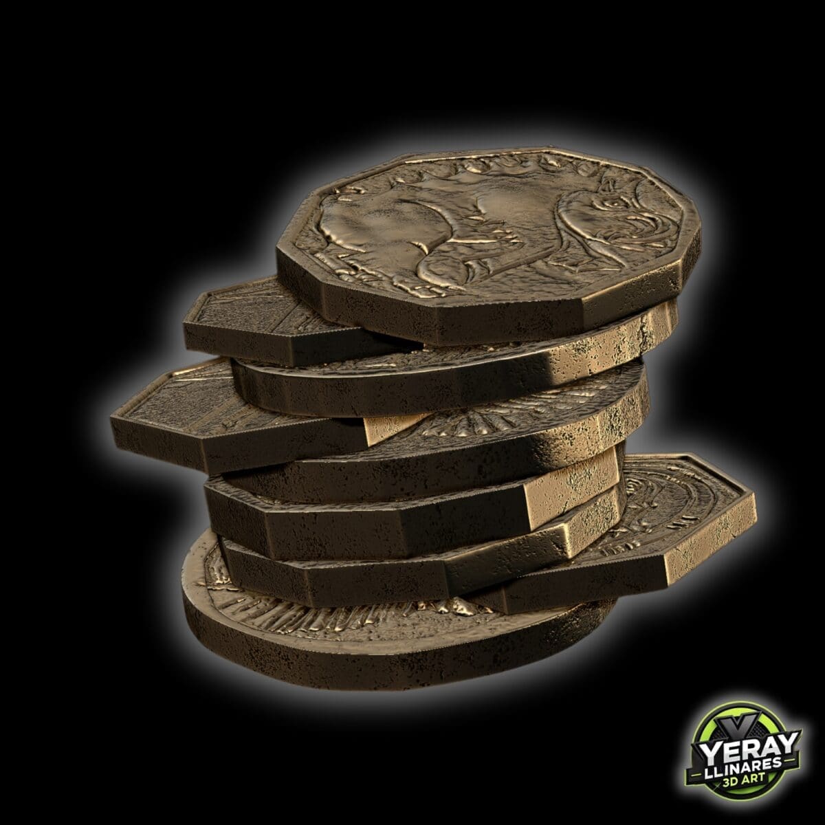 Stack of rustic coins on black background.