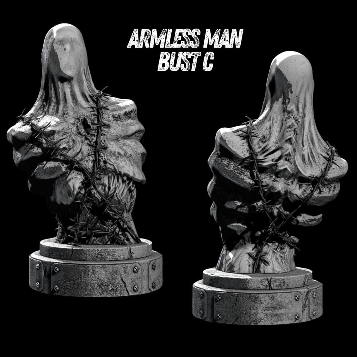 Armless man bust sculpture with barbed wire details.