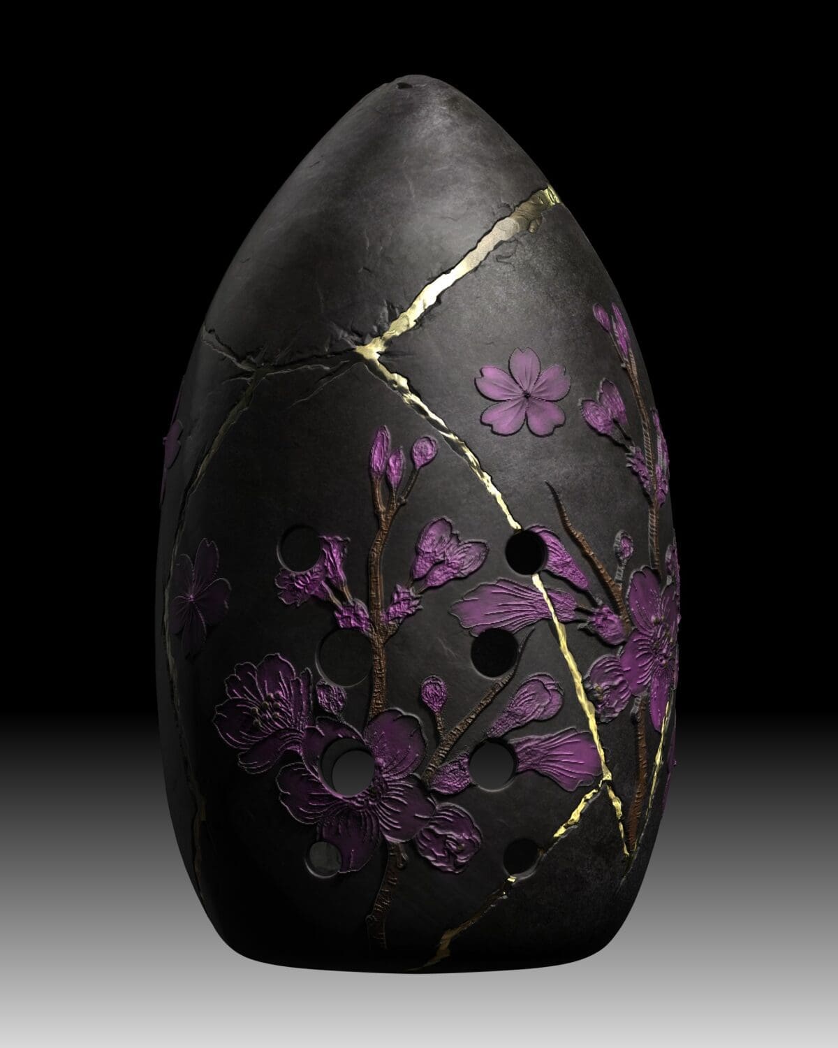 Black vase with purple flowers and gold cracks.