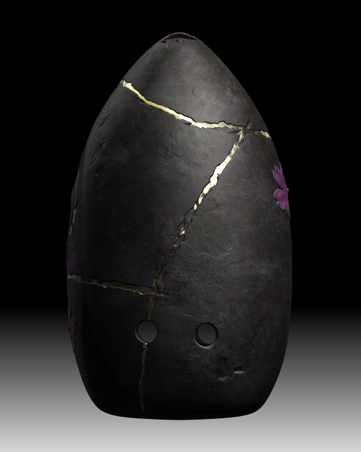 Black mask with gold cracks and purple accents