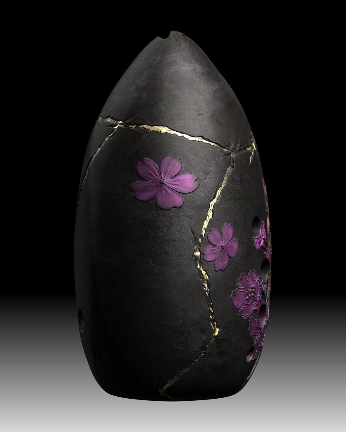 Black vase with gold cracks and purple flowers