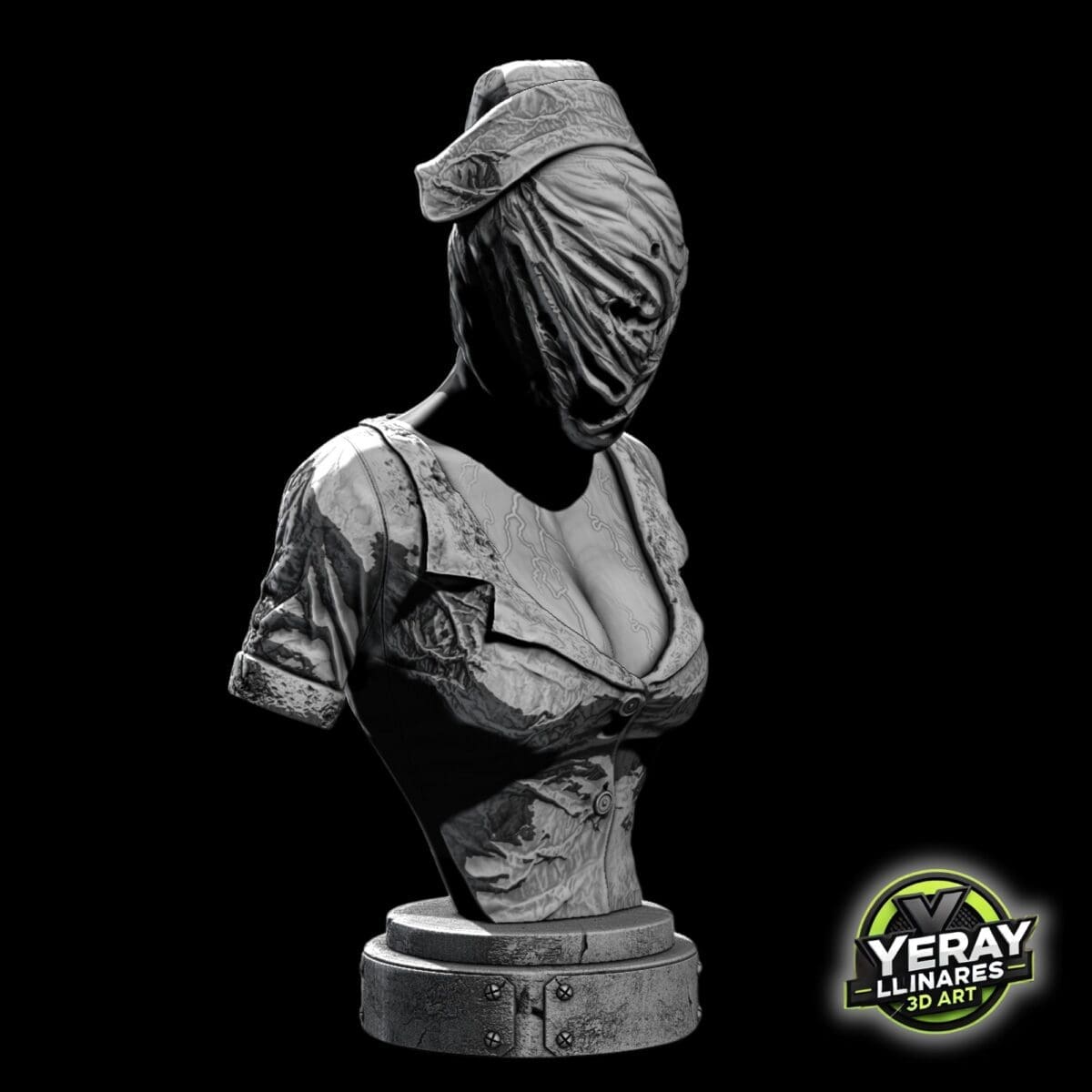 3D sculpture of distorted female figure in uniform.