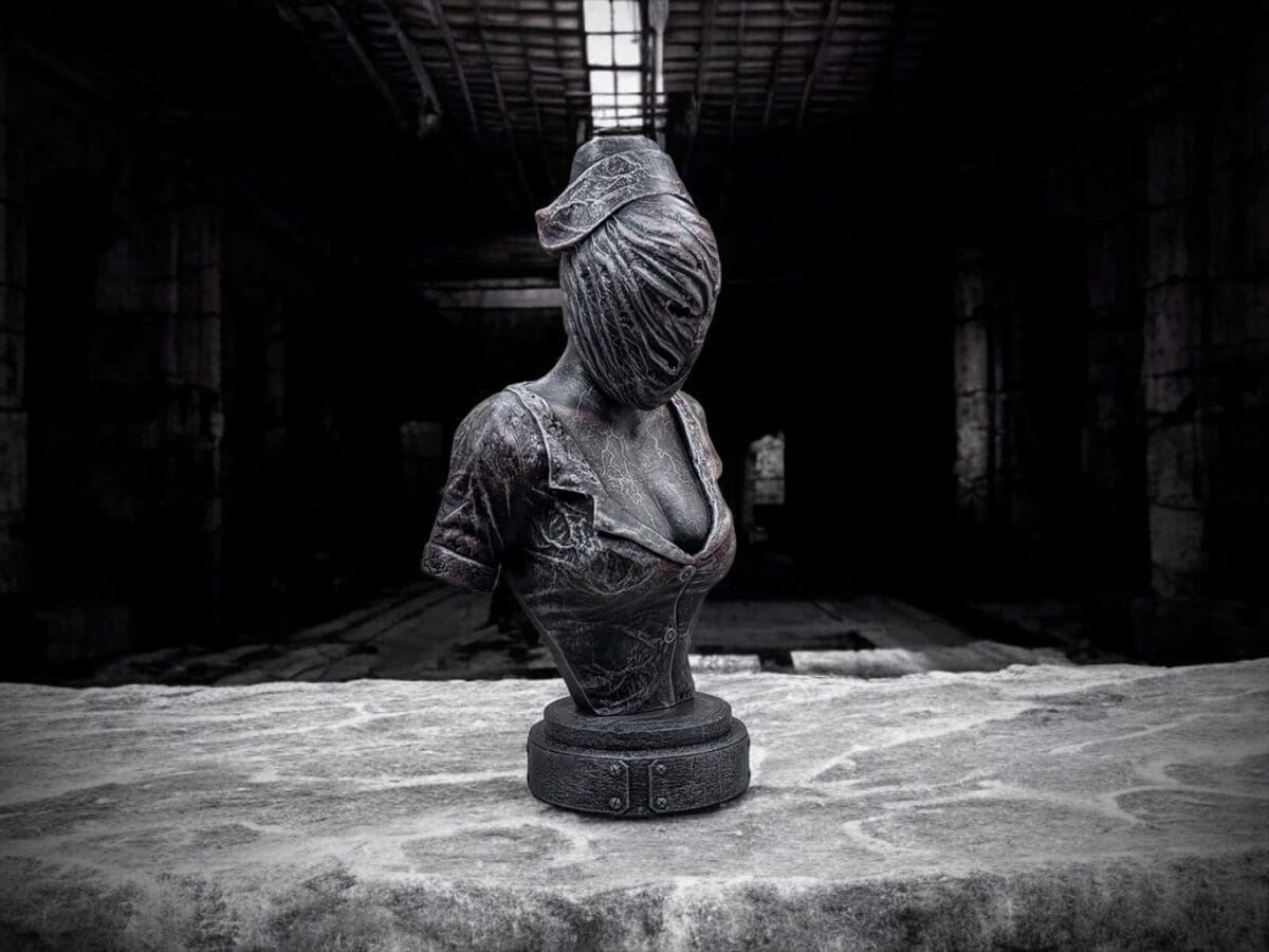 Creepy faceless sculpture in dark, eerie room.