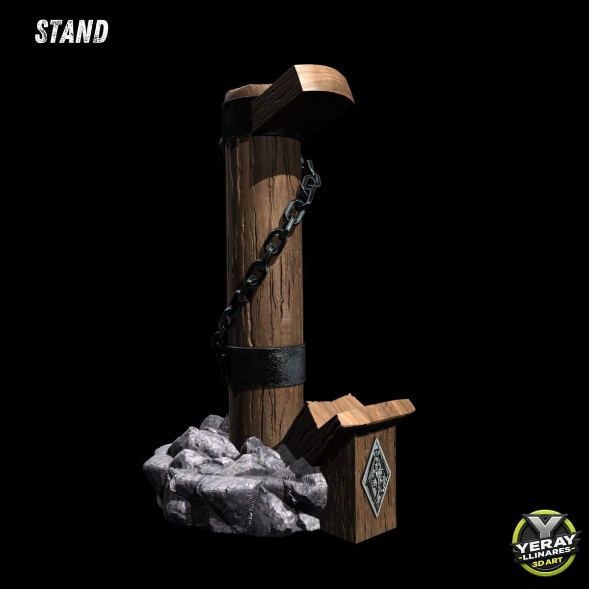 Wooden pillar with chains and rocks.