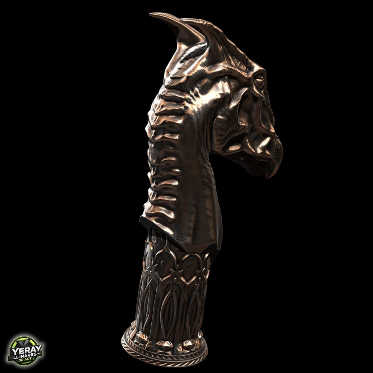 Bronze dragon head sculpture on decorative base.