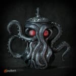 Octopus-themed teapot with glowing red eyes.